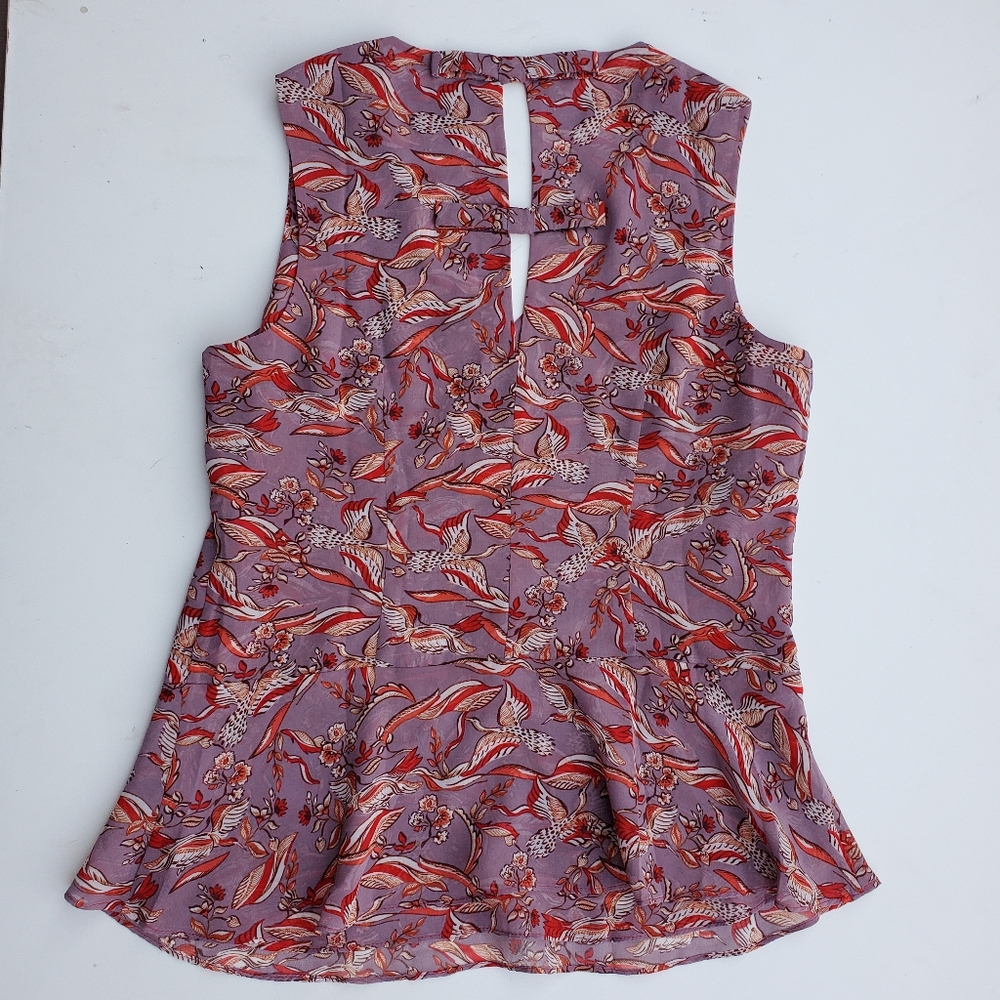 Cabi Small Blouse Good Luck Crane Shirt Mauve Sleeveless Peplum Top Flowy Bows